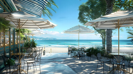 Seaside promenade with chic bistros, modern metal tables and chairs, and a view of the ocean waves, shaded by striped beach umbrellas