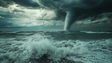 Canvas Print - Serene seaside storm with a waterspout forming over a turbulent ocean, dramatic dark clouds and crashing waves