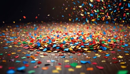 Colorful Confetti Falling on Wooden Floor.