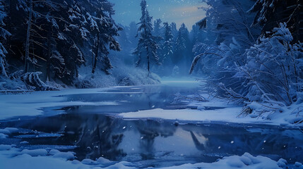 Canvas Print - Serene twilight in a snowy forest, soft blue hues reflecting off the ice, stars beginning to twinkle above the treetops