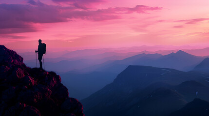 Canvas Print - Silhouette of a hiker against a stunning mountain vista at dusk, the sky painted in shades of pink and purple