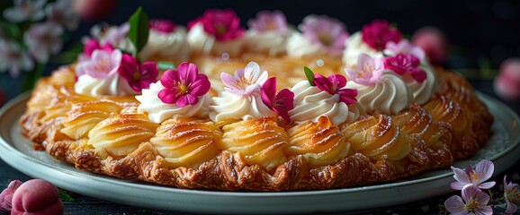 A Homemade Peach Galette With Cream, Beautifully Golden And Inviting, Perfect For A Sweet Treat