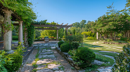 Wall Mural - Sophisticated estate showcasing a sunlit garden, stone pathways, and a shaded pergola perfect for outdoor gatherings