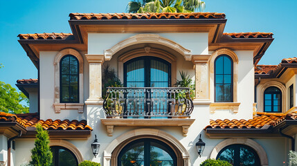 Wall Mural - Stunning Mediterranean villa exterior on sunny day with terracotta roof, arched entryway, and wrought iron balcony