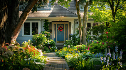 Wall Mural - Suburban home front with a colorful door, framed by blooming flower beds, and tall trees casting dappled sunlight on the pathway