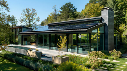 Wall Mural - Suburban smart home with tinted glass walls, solar panels on the roof, and a landscaped garden