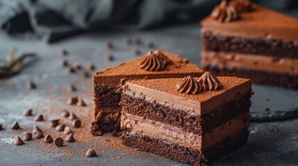 Wall Mural - Two pieces of chocolate cake on a gray table, dark backdrop.