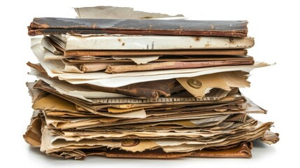 Wall Mural - Stack of vintage papers and items on white background