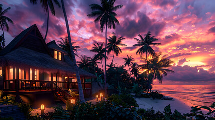 Tropical island estate with a thatched-roof villa, palm trees swaying in the evening breeze, and a sky ablaze with pink and purple hues