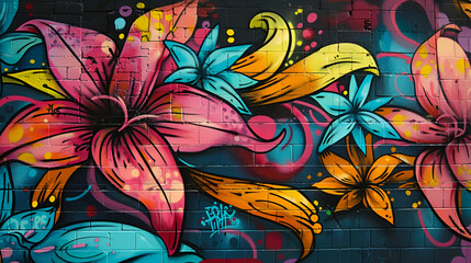 Wall Mural - Urban Graffiti Art Background with Bold Floral and Plant Murals, combining street art elements with vibrant colors and edgy designs in a cityscape