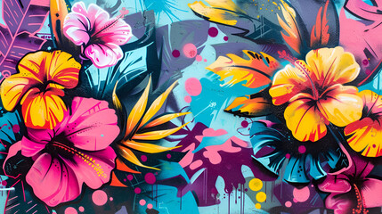 Wall Mural - Urban Graffiti Art Background with Bold Floral and Plant Murals, combining street art elements with vibrant colors and edgy designs in a cityscape