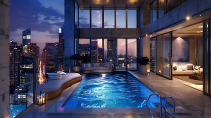 Wall Mural - Urban loft with a rooftop terrace, sleek indoor pool, and skyline views of city lights shimmering at night