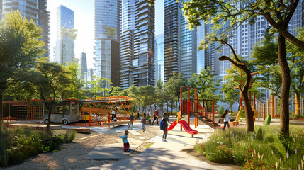 Wall Mural - Urban park with modern jungle gyms, interactive art installations, and food trucks amidst skyscrapers