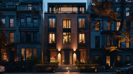 Urban townhouse with a minimalist facade, strategically placed spotlights highlighting architectural details, set against a bustling city backdrop