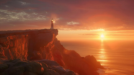 Wall Mural - Vibrant sunrise over a solitary lighthouse on a rocky cliff, casting a warm glow across the rugged landscape