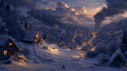 Wall Mural - Winter twilight in a snow-covered village, warm lights glowing from cozy cottages, smoke rising from chimneys under a starry night