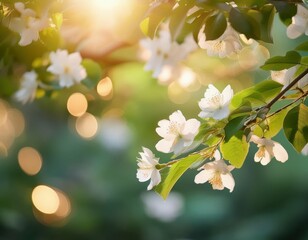 A branch of white flowers is in the sunlight