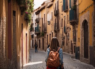 Lost in the Hues of History: A lone traveler with a backpack strides through the sun-dappled streets of an ancient European town, capturing the essence of solo exploration and cultural immersion. 