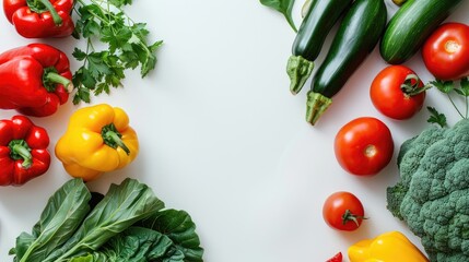 Wall Mural - Top view photo of organic vegetables on white background symbolizing balanced diet with empty space for text