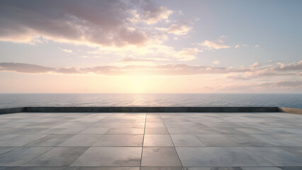 Wall Mural - Empty floor on coastline with sky clouds at sunrise