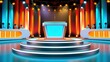 © WACHI - Modern quiz show studio set with vibrant lights, podium, and contestant booths, perfect for game show themes and media productions.