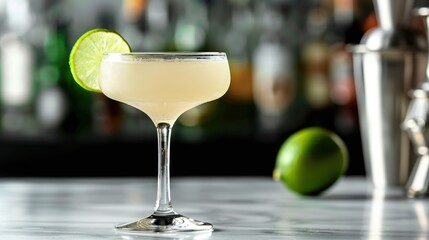 Classic daiquiri cocktail with lime juice and rum, in a sleek glass, on a bar counter