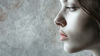 Elegant profile of a beautiful woman, focusing on her nose and smooth skin, conveying a sense of grace and sophistication