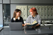© Parichat - Two Smiling Students Studying Together with Laptop and Book in Modern School Locker Area