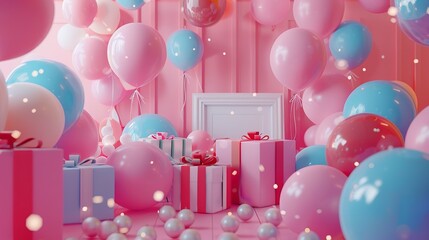 Canvas Print - A vibrant pink room filled with colorful balloons, beautifully wrapped presents, and a picture frame. Perfect for birthday celebrations or special occasions.