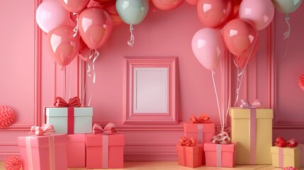 Sticker - A vibrant pink room filled with colorful balloons, beautifully wrapped presents, and a picture frame. Perfect for birthday celebrations or special occasions