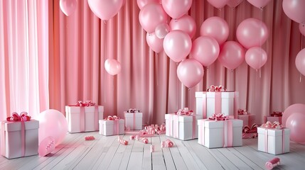 Wall Mural - A room filled with pink balloons and presents on the floor. Perfect for birthdays or celebrations