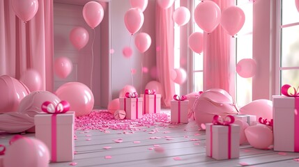 Canvas Print - A room filled with pink balloons and presents on the floor. Perfect for birthdays or celebrations