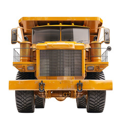 Front view of a large yellow dump truck used in mining and construction, showcasing its powerful and robust build.