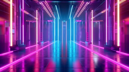 Canvas Print - The image depicts a modern and minimalistic stage lit with vibrant pink and blue neon lights. The stage and flooring reflect the vibrant colors, creating a futuristic and sleek ambiance.5