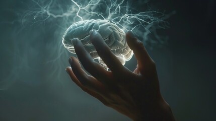 Wall Mural - human hand reaching out to touch a digital brain hologram, conceptual image representing the future 