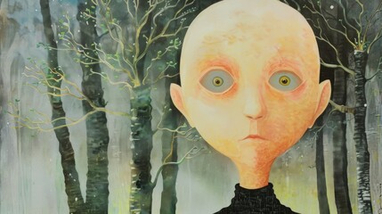 Poster - Close-up of a surreal portrait of a woman with large eyes, black hair resembling branches, and her face partially covered by green hands, set against a light abstract background.