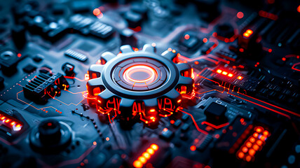 Illuminated settings gear icon on a dark futuristic interface background