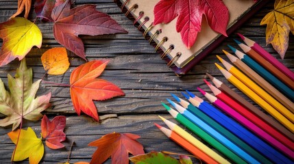 Canvas Print - Creating album pages with colored pencils on wooden backdrop and fall foliage