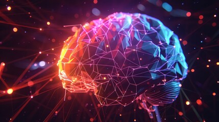 Wall Mural - abstract glowing polygonal brain with colorful neural connections, innovative scientific visualizati
