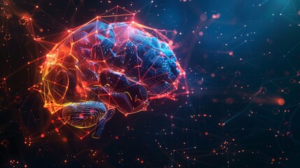 Wall Mural - abstract glowing polygonal brain with colorful neural connections, innovative scientific visualizati