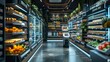 © GenerativeAIpicture - futuristic grocery store with automated checkouts and smart shelves displaying products efficiently