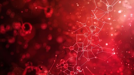 Wall Mural - abstract red science background with futuristic dna helix, molecular structures, and glowing particl