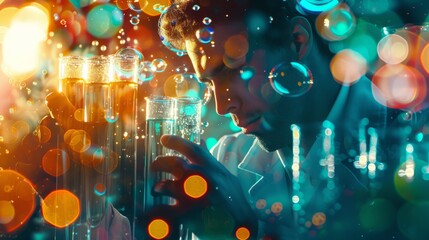 Wall Mural - abstract science concept featuring a young man holding a test tube surrounded by vibrant, floating b