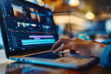 Close up of person editing video on laptop, vibrant and creative workspace, focused on timeline and clips