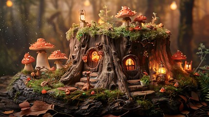 Wall Mural - A whimsical woodland cake with a tree bark texture, adorned with edible mushrooms, moss, and small forest animals.