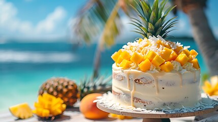 Wall Mural - An elegant cake featuring tropical fruits like mango and pineapple, with coconut shavings sprinkled on top. The background is a serene tropical island with a clear blue sky and palm trees, hd quality,