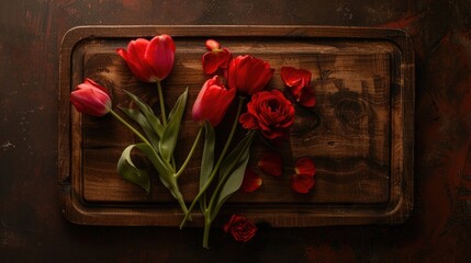 Poster - Top down View of Tulip and Red Rose Arrangement on Wooden Board