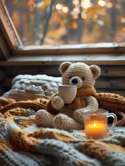 Poster - Cozy toy bear enjoying a cup of tea and a candle. AI.