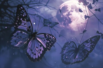 Canvas Print - A vibrant purple butterfly flies against a backdrop of a full moon and twinkling stars