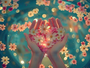 Poster - Hands holding delicate flowers submerged in water. AI.